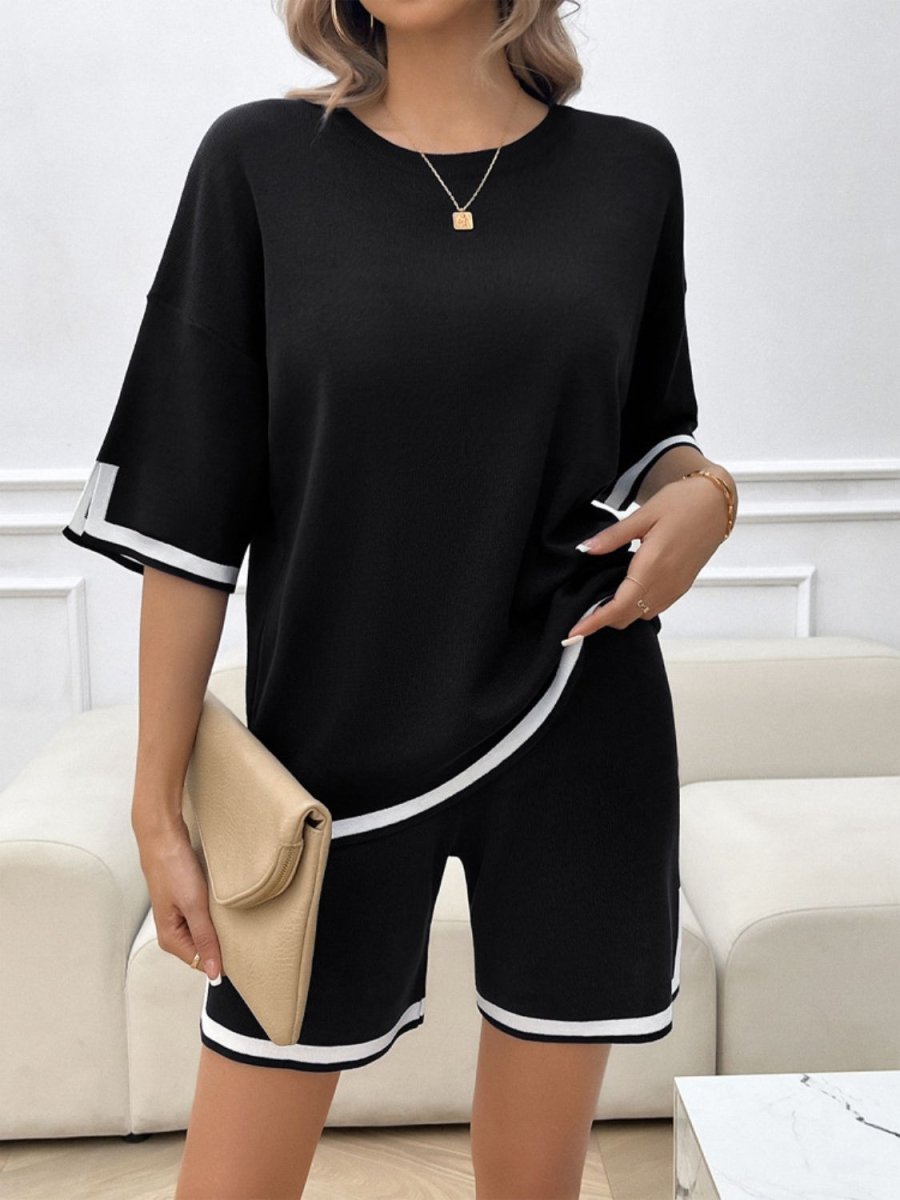 Contrast Trim Round Neck Top and Shorts Set - AMVIM