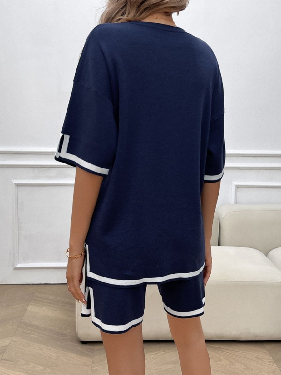Contrast Trim Round Neck Top and Shorts Set - AMVIM