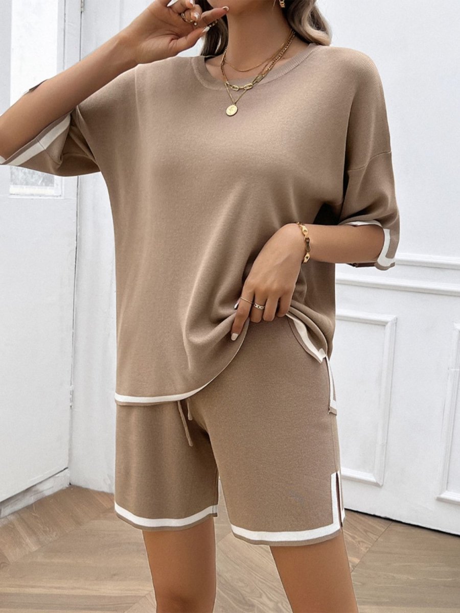 Contrast Trim Round Neck Top and Shorts Set - AMVIM