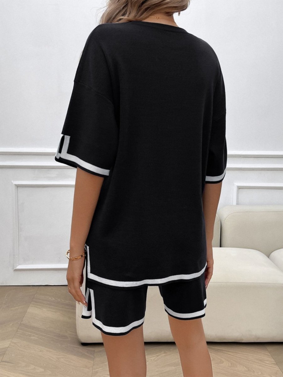 Contrast Trim Round Neck Top and Shorts Set - AMVIM