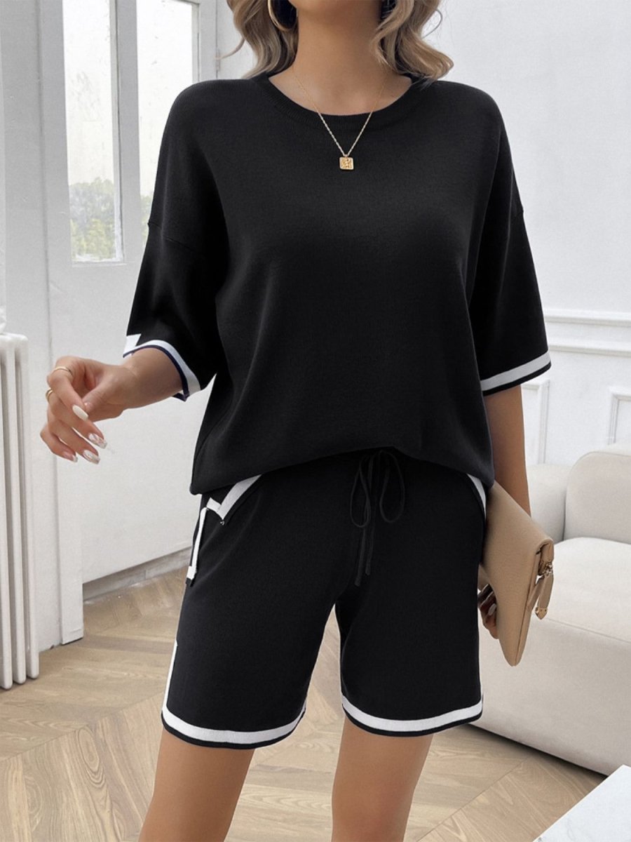 Contrast Trim Round Neck Top and Shorts Set - AMVIM