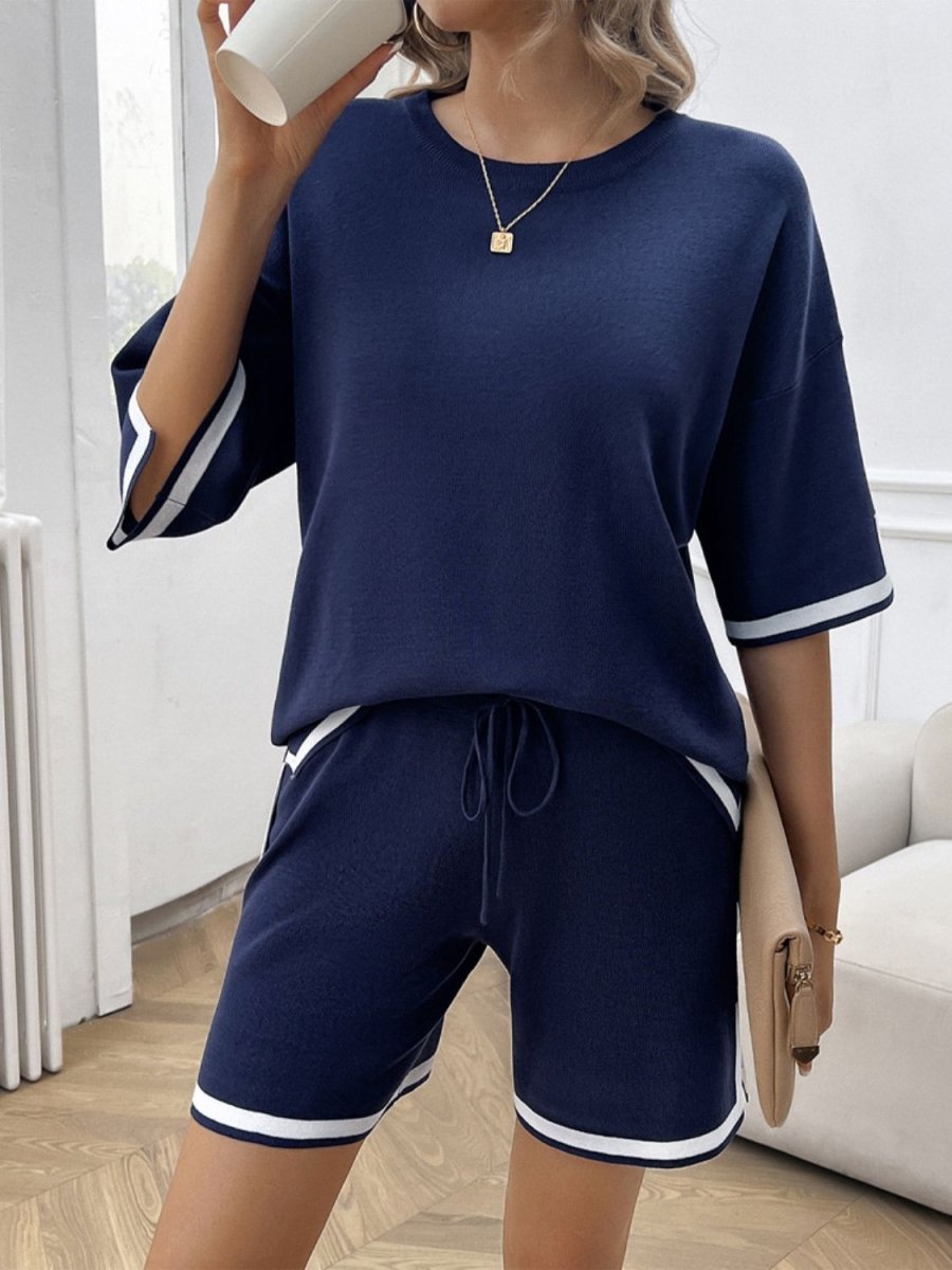 Contrast Trim Round Neck Top and Shorts Set - AMVIM
