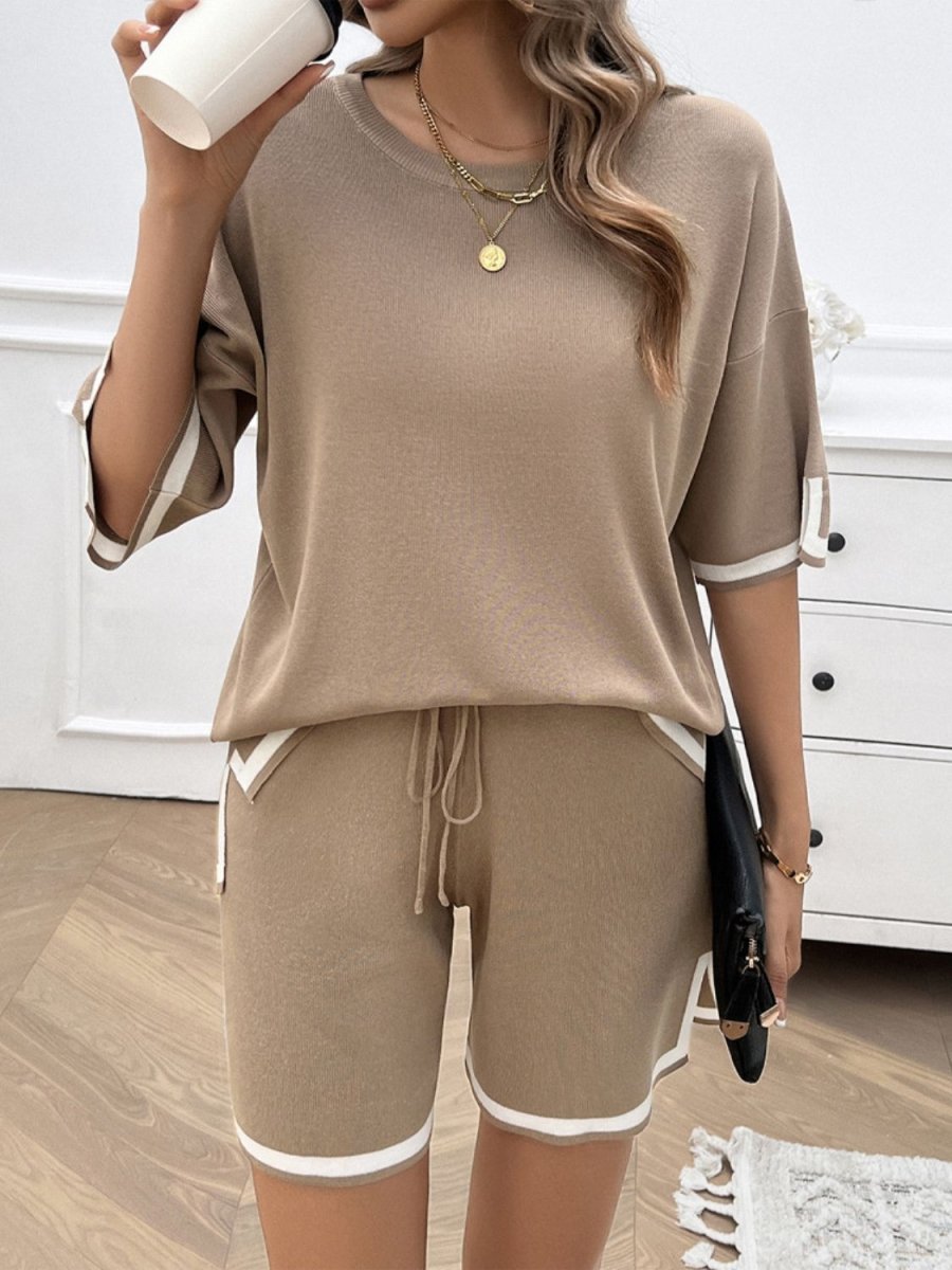 Contrast Trim Round Neck Top and Shorts Set - AMVIM