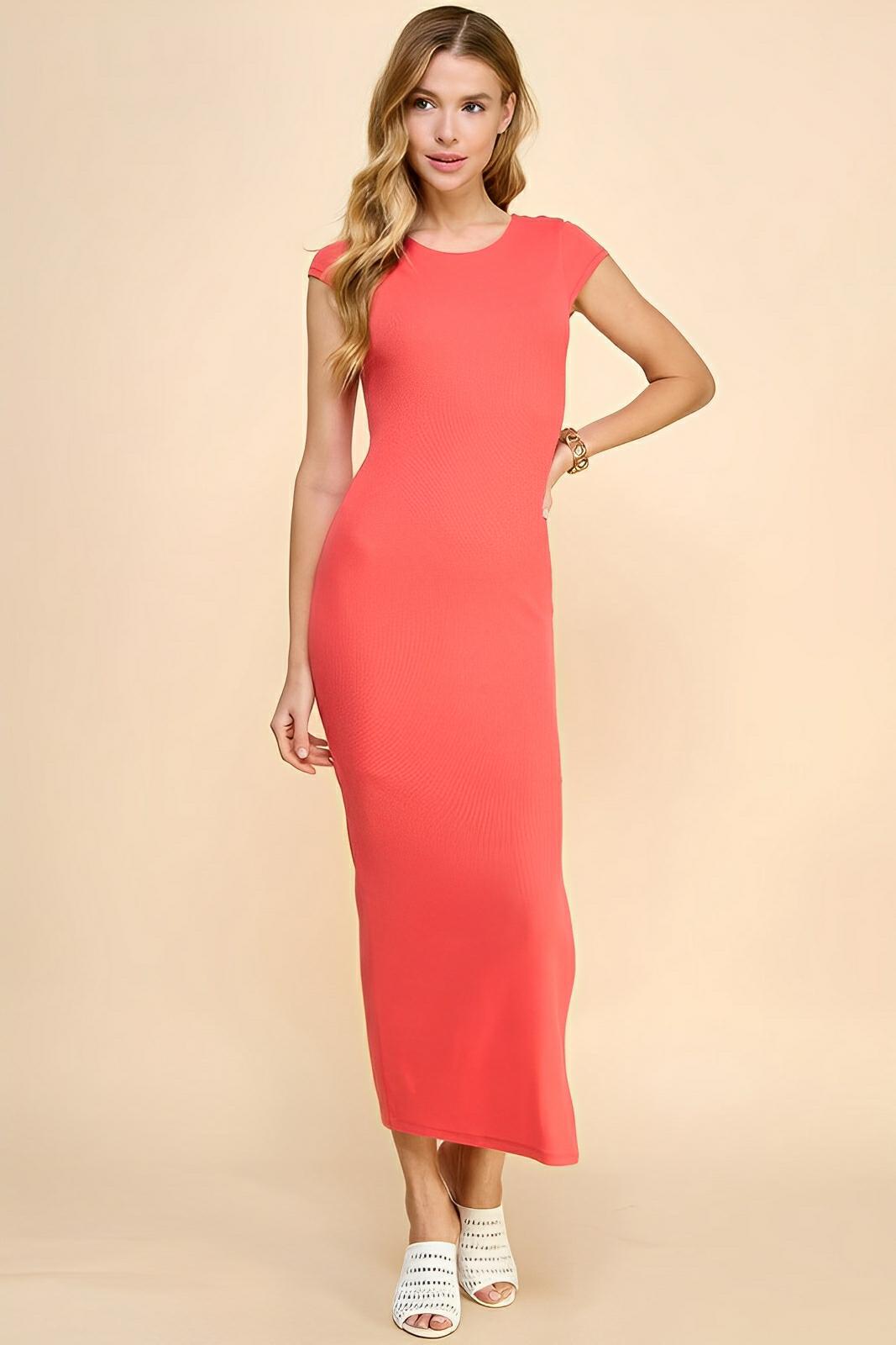 Crew Neck Cap Sleeve Rib W/ Lining Maxi Dress - AMVIM