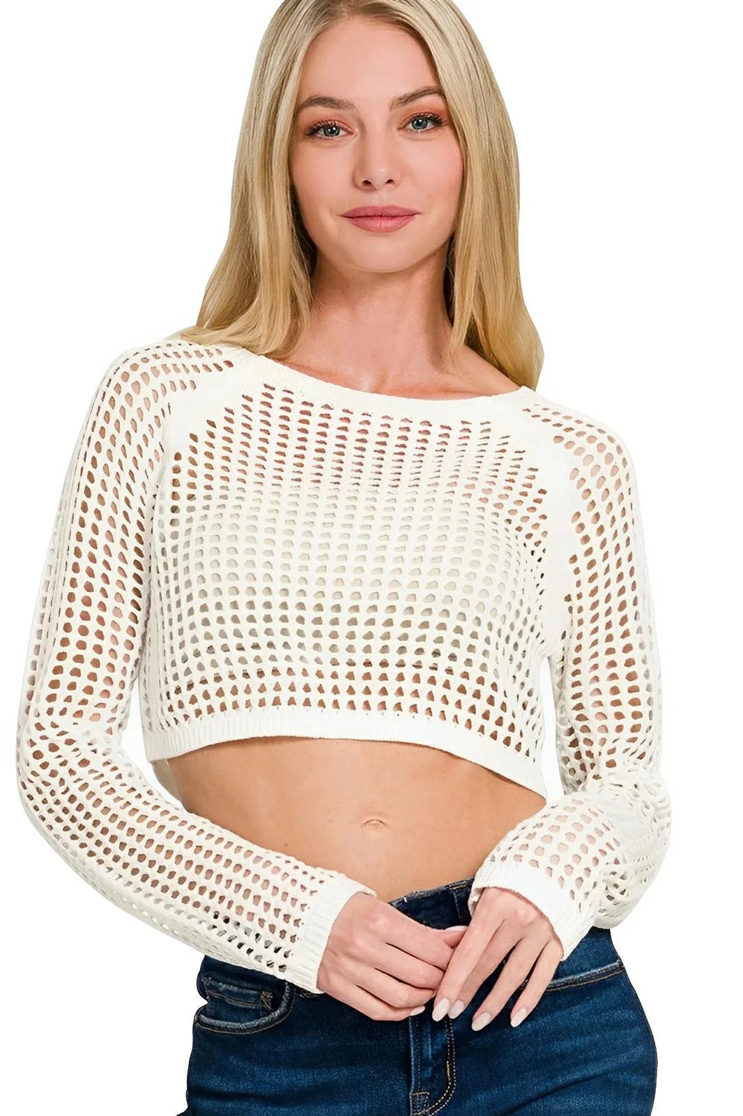Cropped Knit Cover Up Top – Mesh Crochet Beachwear Layer - AMVIM