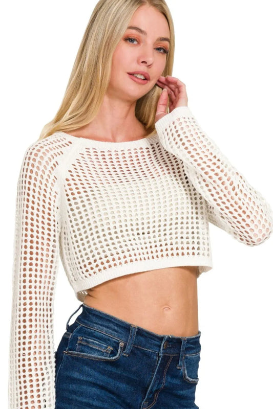 Cropped Knit Cover Up Top – Mesh Crochet Beachwear Layer - AMVIM