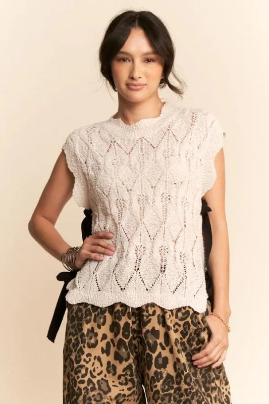Davi & Dani Ribbon Bow Ties Scalloped Trim Knit Semi Crop Top - AMVIM