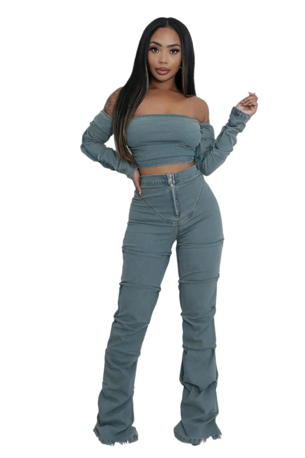 Denim Off The Shoulder Stretch Pant Set - AMVIM