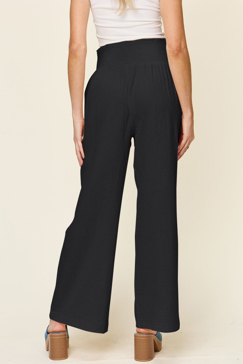 Double Take Full Size Texture Smocked Waist Wide Leg Pants - AMVIM