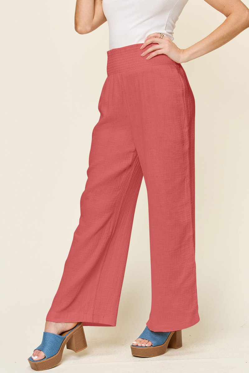 Double Take Full Size Texture Smocked Waist Wide Leg Pants - AMVIM