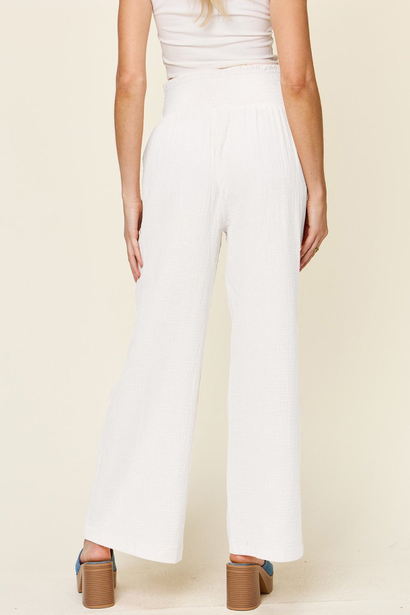 Double Take Full Size Texture Smocked Waist Wide Leg Pants - AMVIM