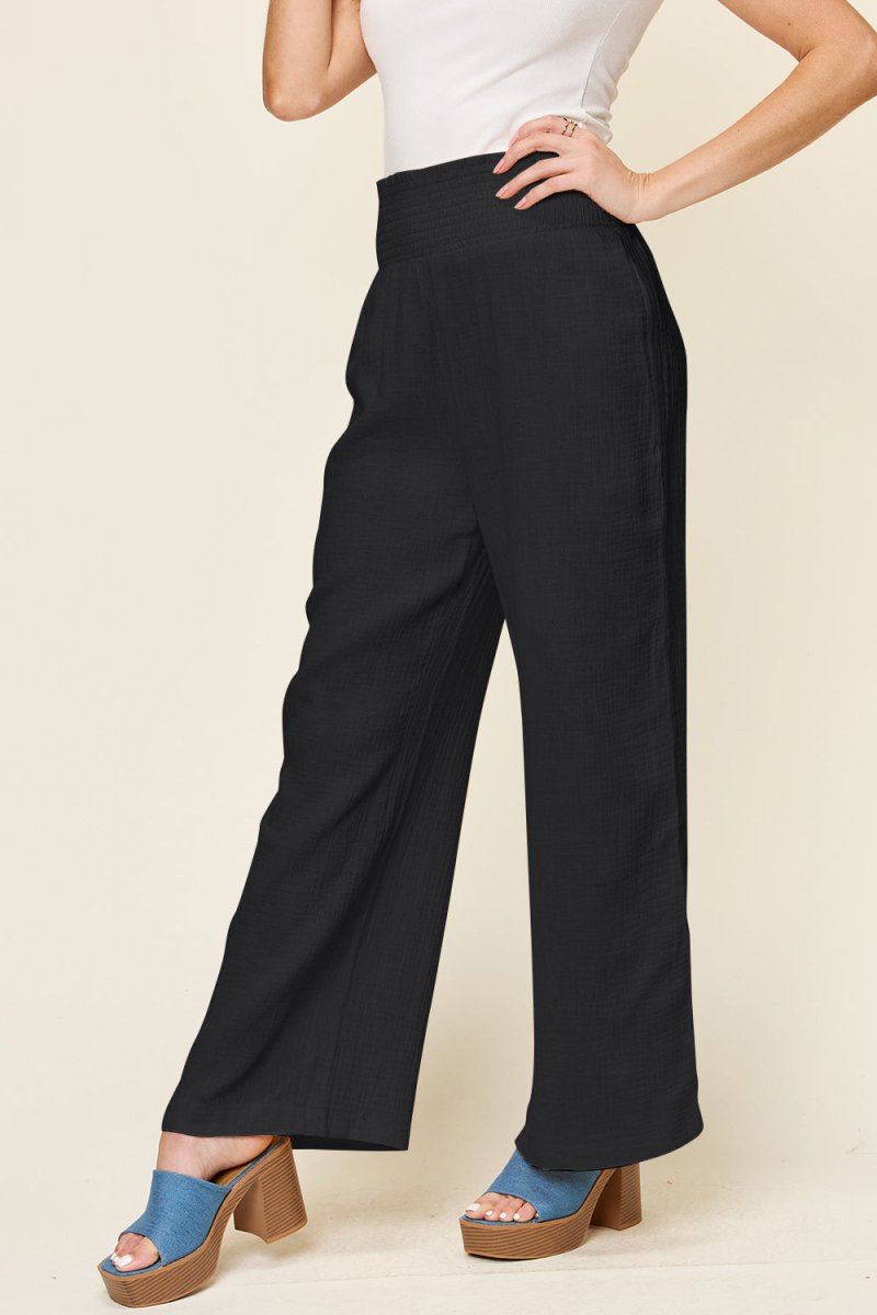 Double Take Full Size Texture Smocked Waist Wide Leg Pants - AMVIM