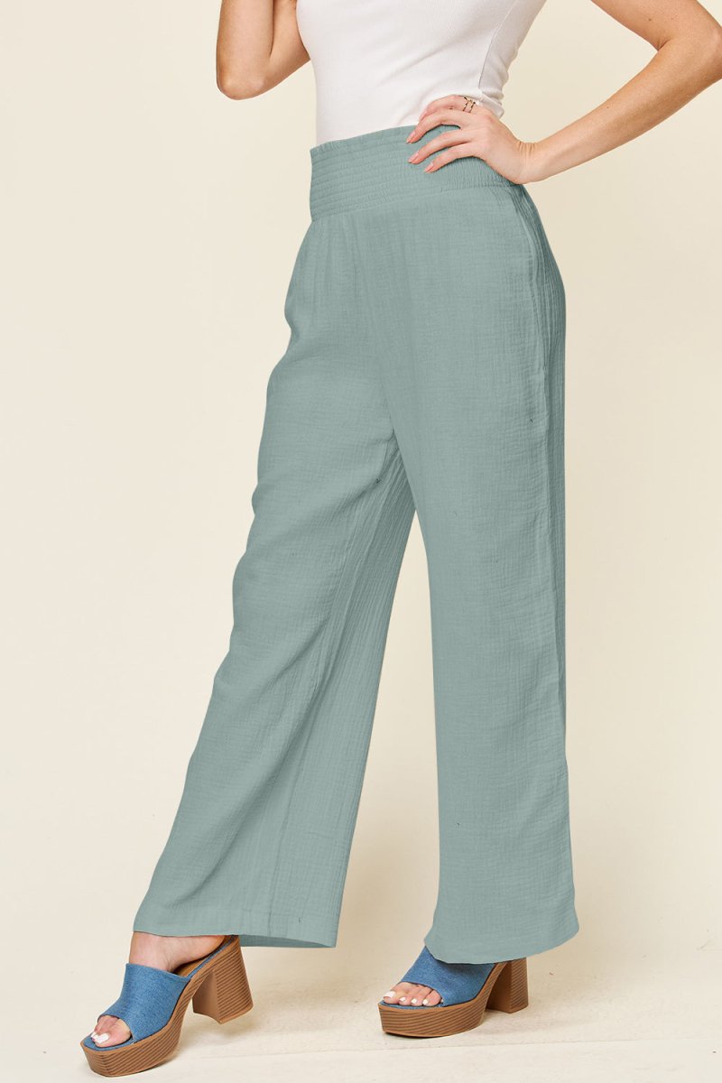 Double Take Full Size Texture Smocked Waist Wide Leg Pants - AMVIM