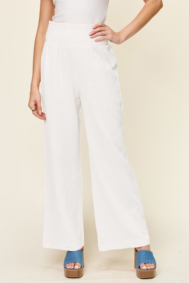 Double Take Full Size Texture Smocked Waist Wide Leg Pants - AMVIM