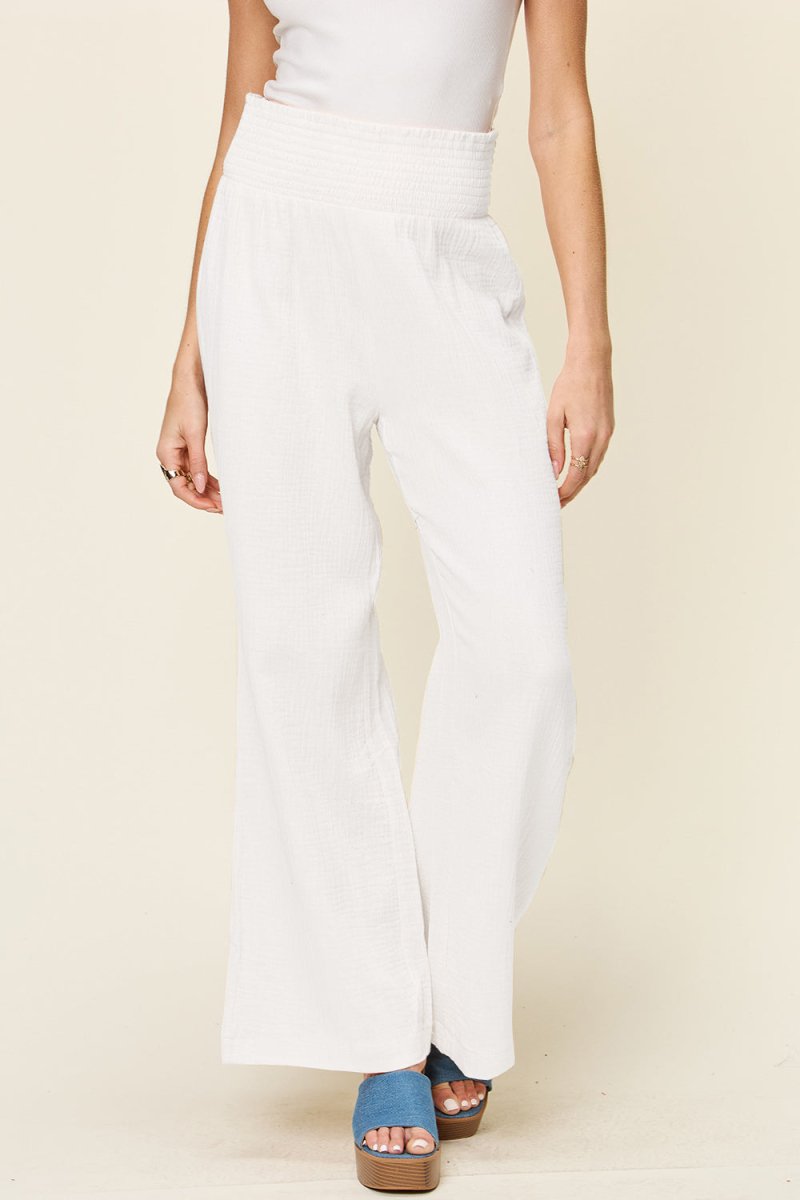 Double Take Full Size Texture Smocked Waist Wide Leg Pants - AMVIM