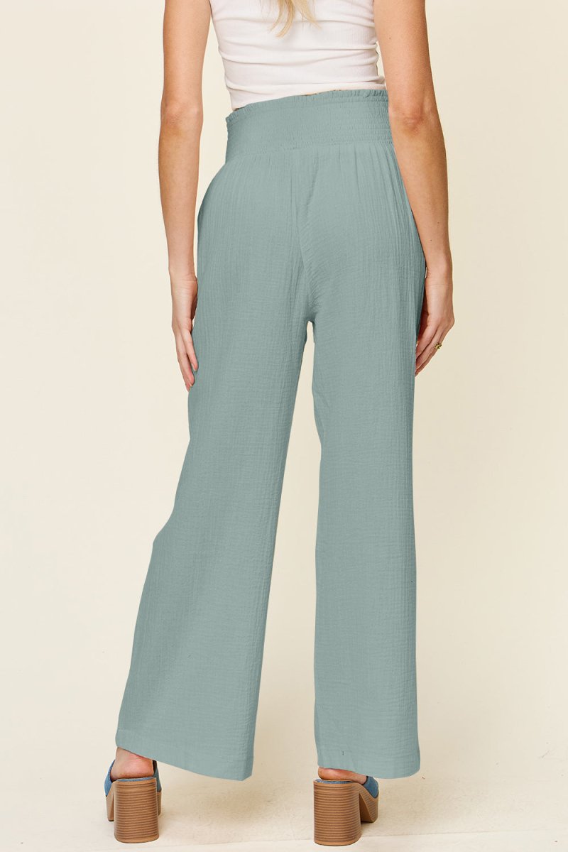Double Take Full Size Texture Smocked Waist Wide Leg Pants - AMVIM