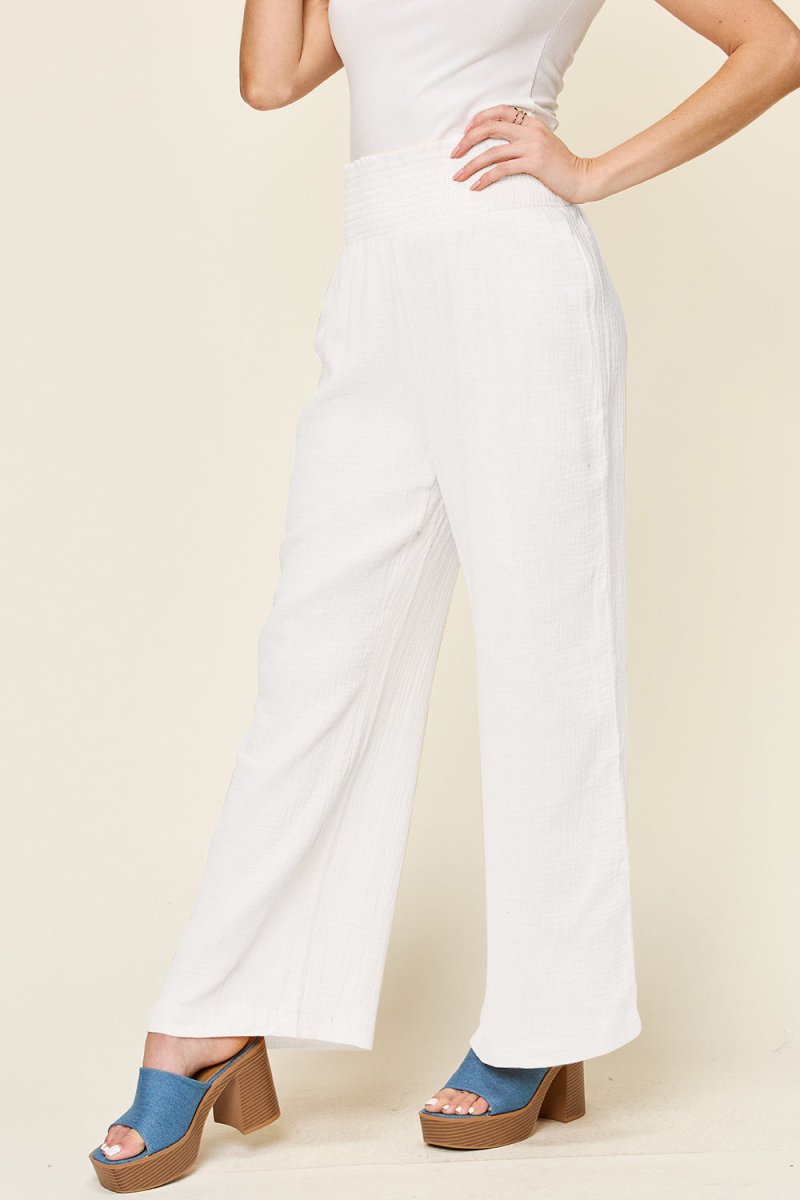 Double Take Full Size Texture Smocked Waist Wide Leg Pants - AMVIM