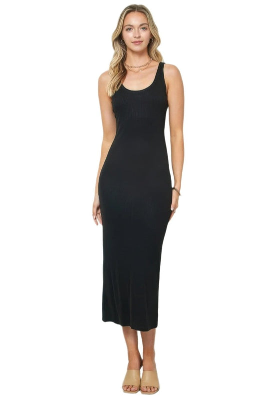 Dress Black Ribbed Tank Maxi – Soft Knit Layered Scoop Neck - AMVIM