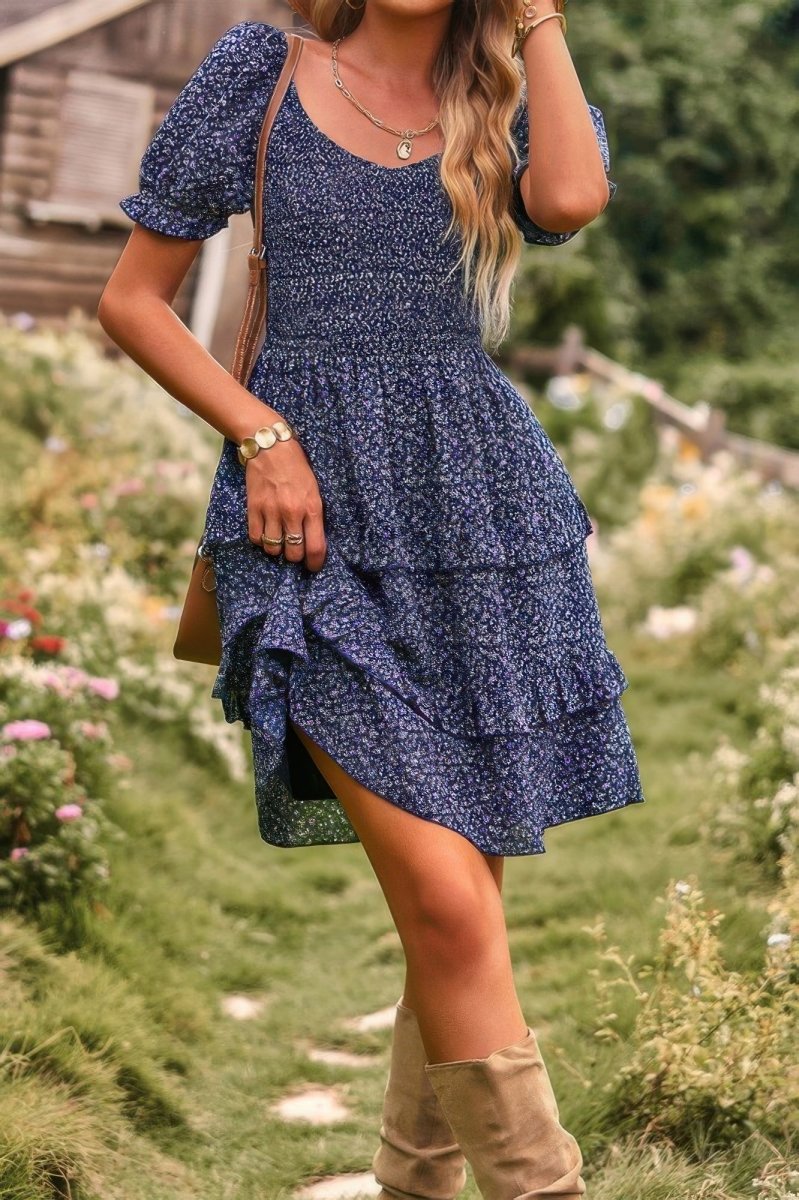 Dress floral short sleeve A - line summer casual vacation style - AMVIM