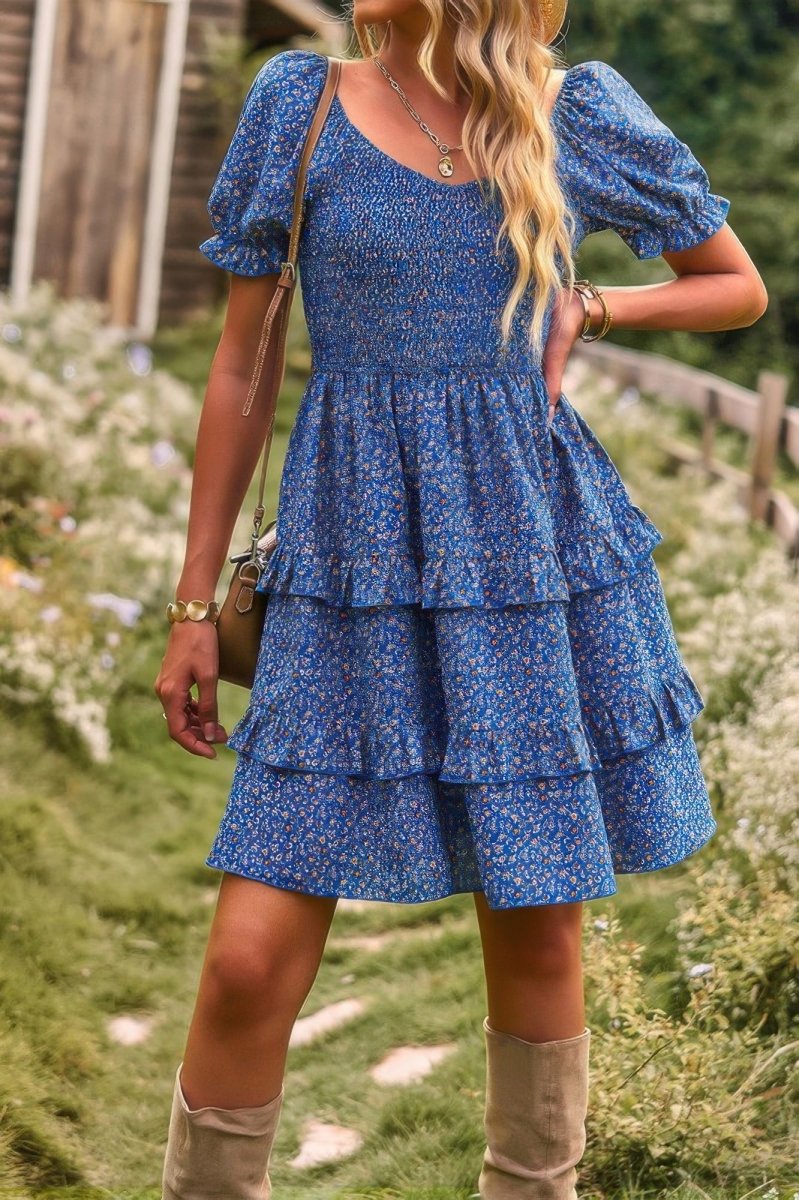Dress floral short sleeve A - line summer casual vacation style - AMVIM