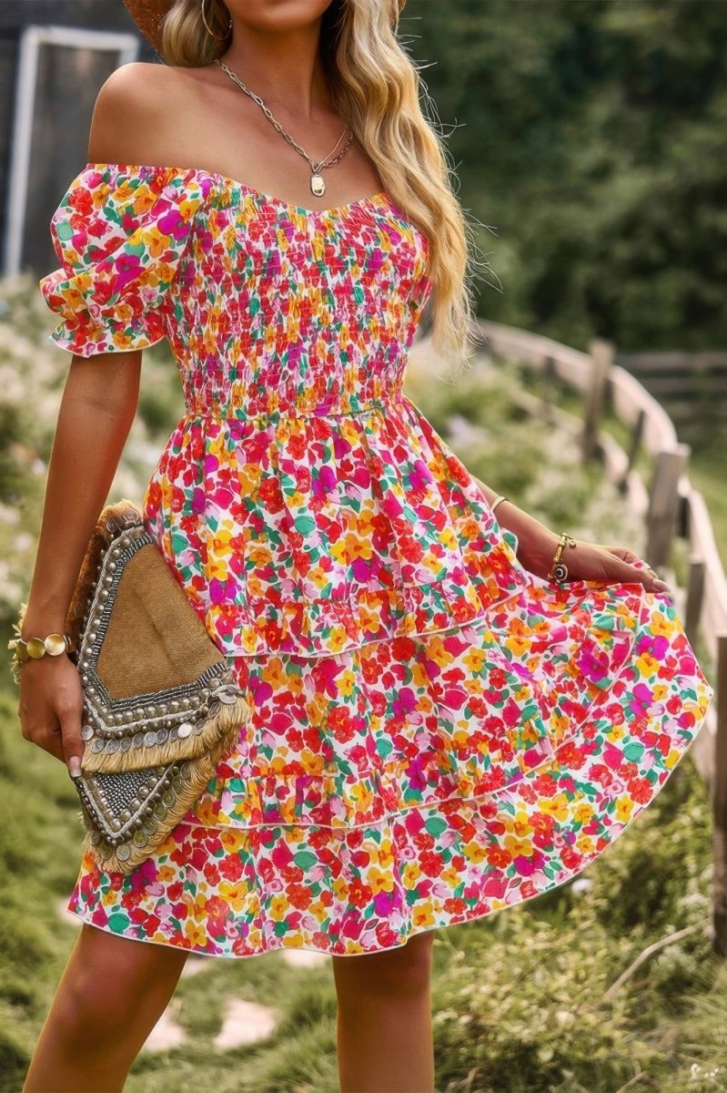 Dress floral short sleeve A - line summer casual vacation style - AMVIM