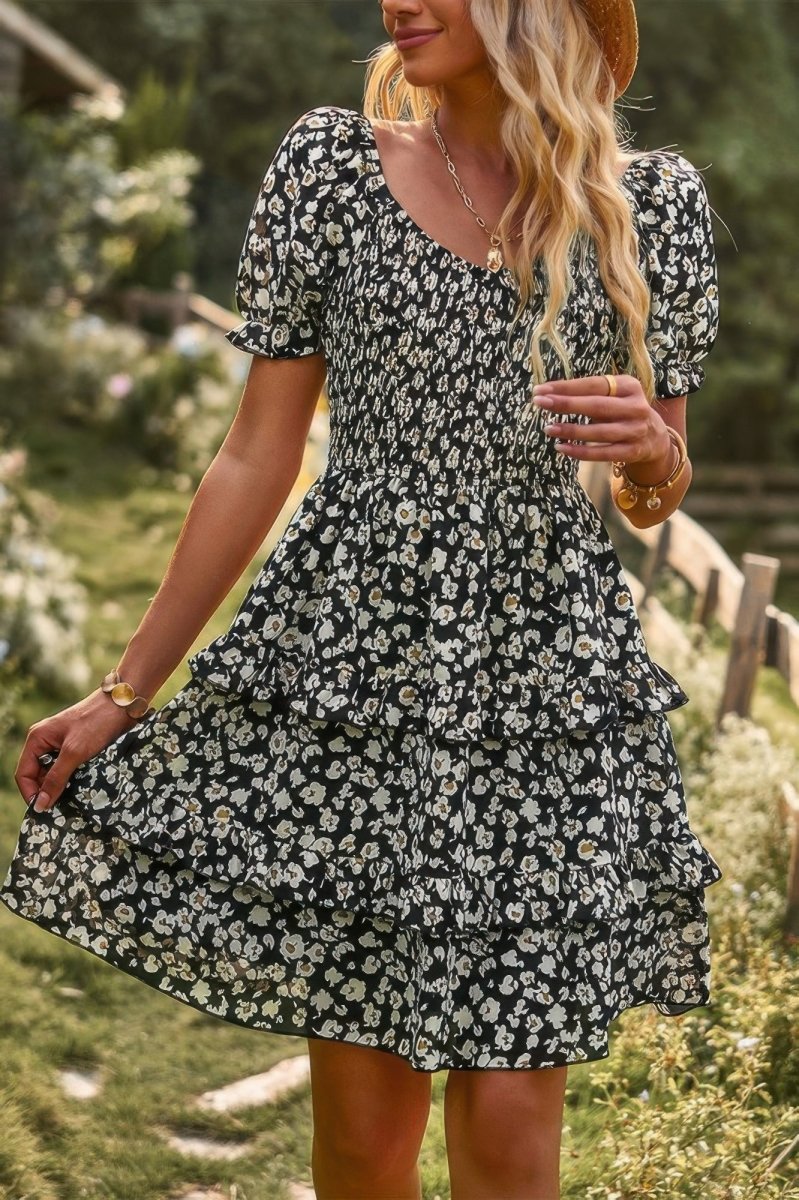 Dress floral short sleeve A - line summer casual vacation style - AMVIM