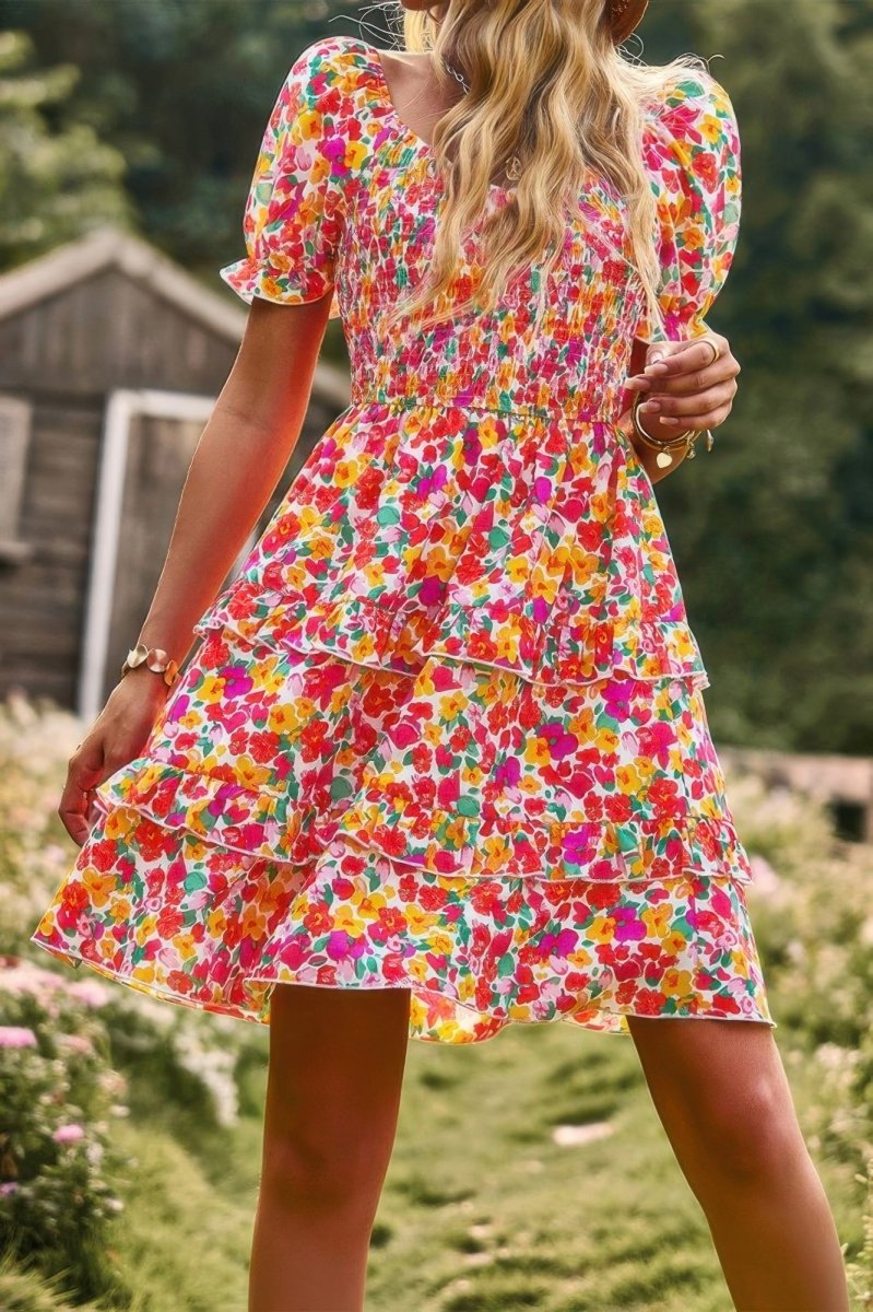Dress floral short sleeve A - line summer casual vacation style - AMVIM