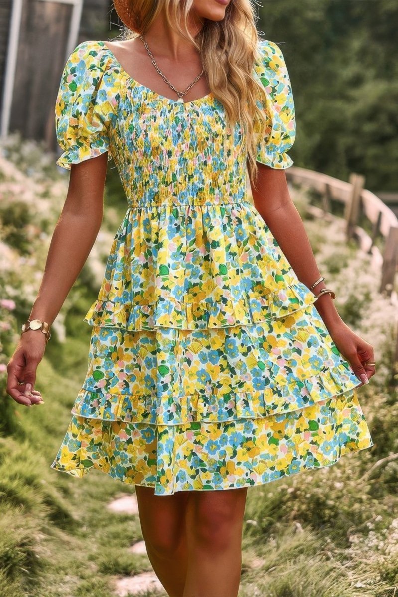 Dress floral short sleeve A - line summer casual vacation style - AMVIM
