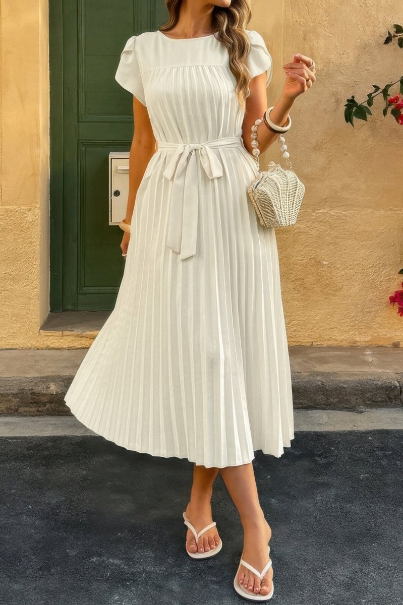 Dress pleated midi polyester puff sleeves white spring occasion - AMVIM