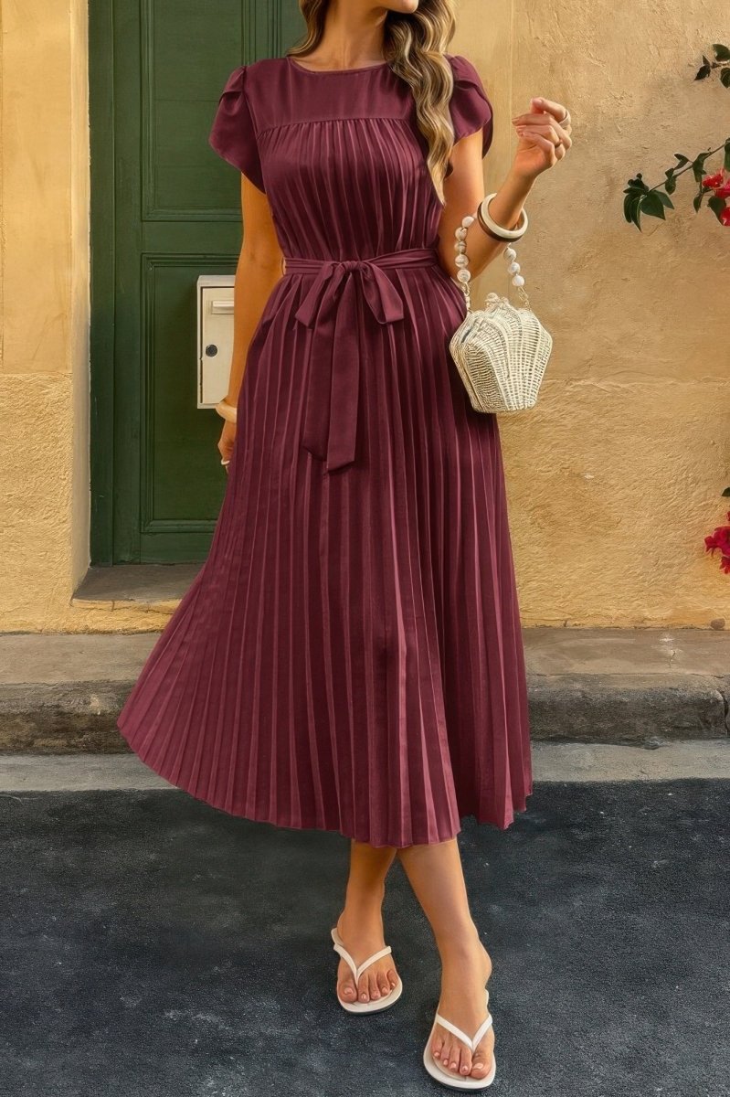 Dress pleated midi polyester puff sleeves white spring occasion - AMVIM