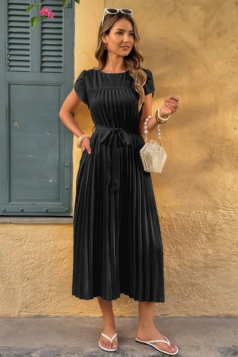 Dress pleated midi polyester puff sleeves white spring occasion - AMVIM