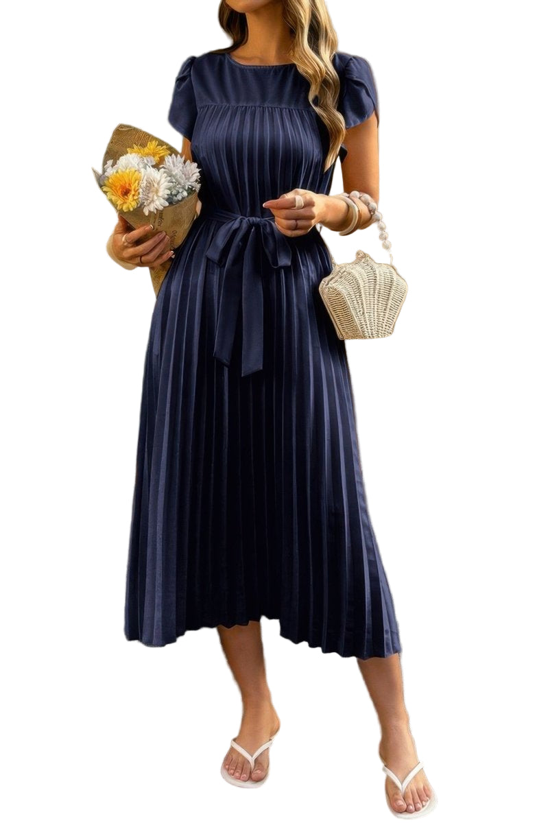 Dress pleated midi polyester puff sleeves white spring occasion - AMVIM