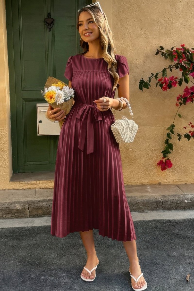 Dress pleated midi polyester puff sleeves white spring occasion - AMVIM