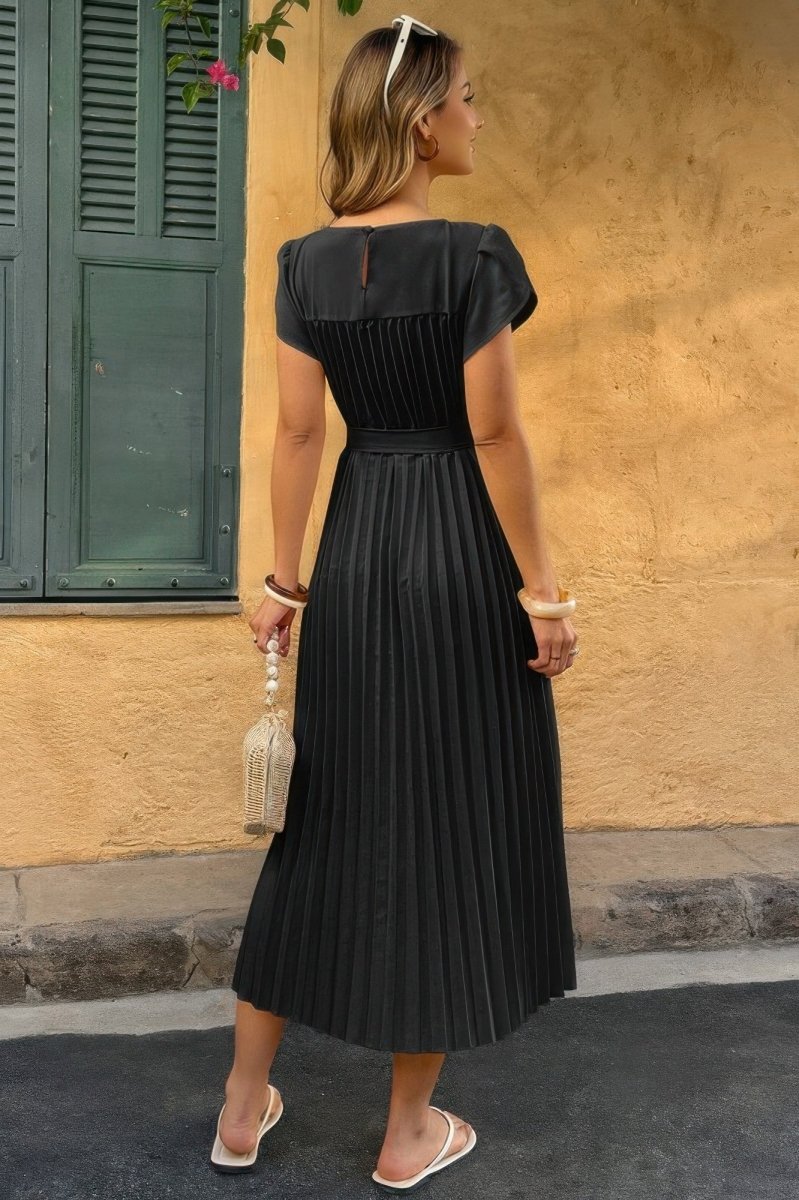 Dress pleated midi polyester puff sleeves white spring occasion - AMVIM