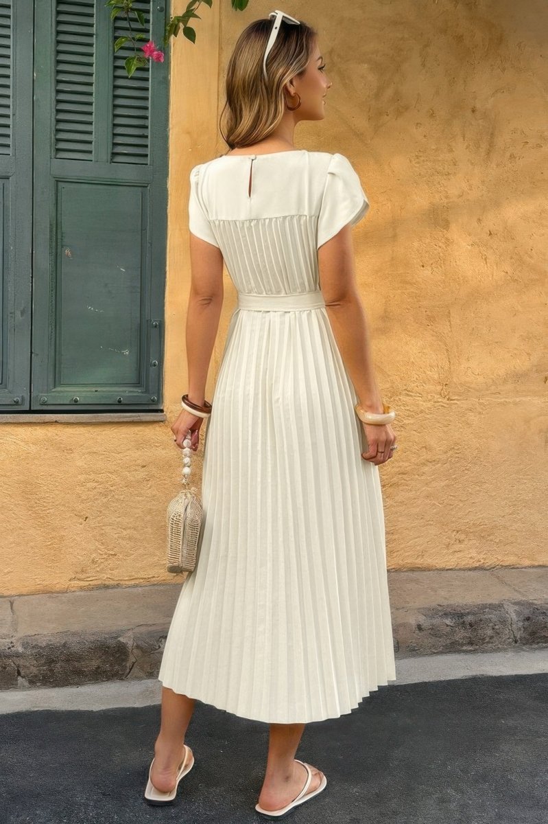 Dress pleated midi polyester puff sleeves white spring occasion - AMVIM