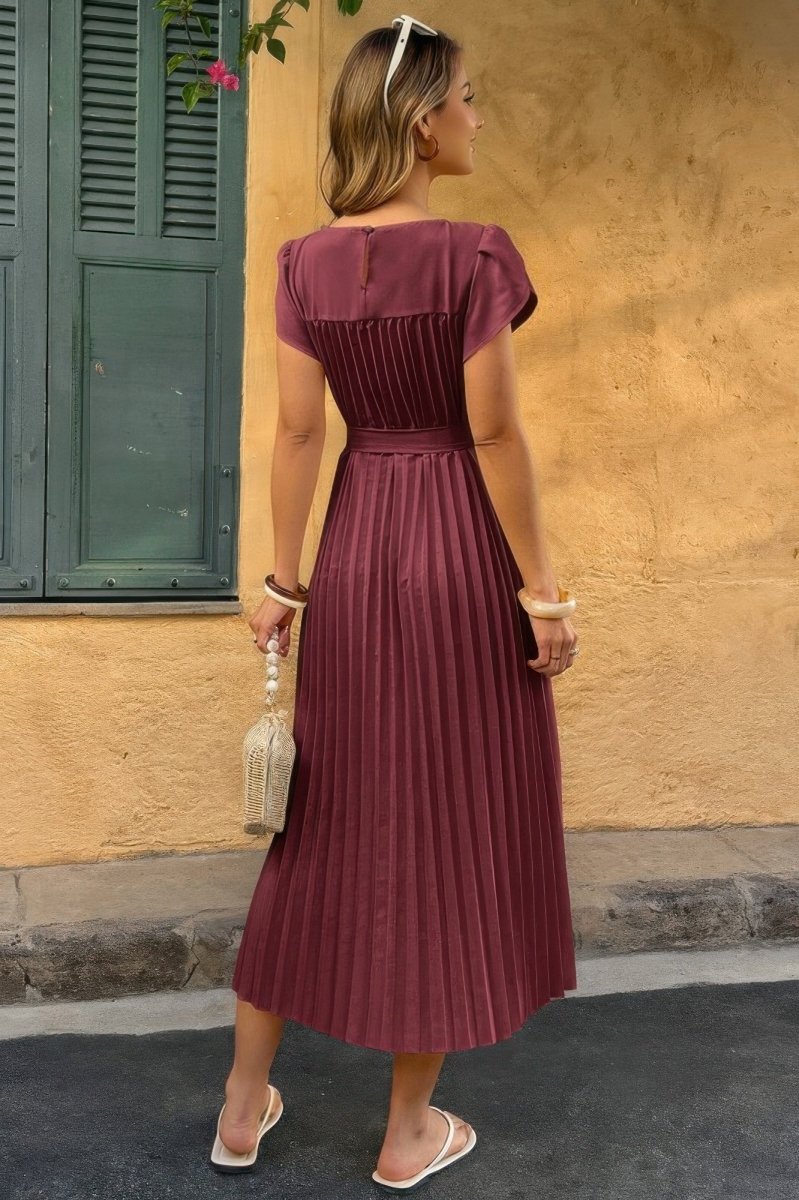 Dress pleated midi polyester puff sleeves white spring occasion - AMVIM