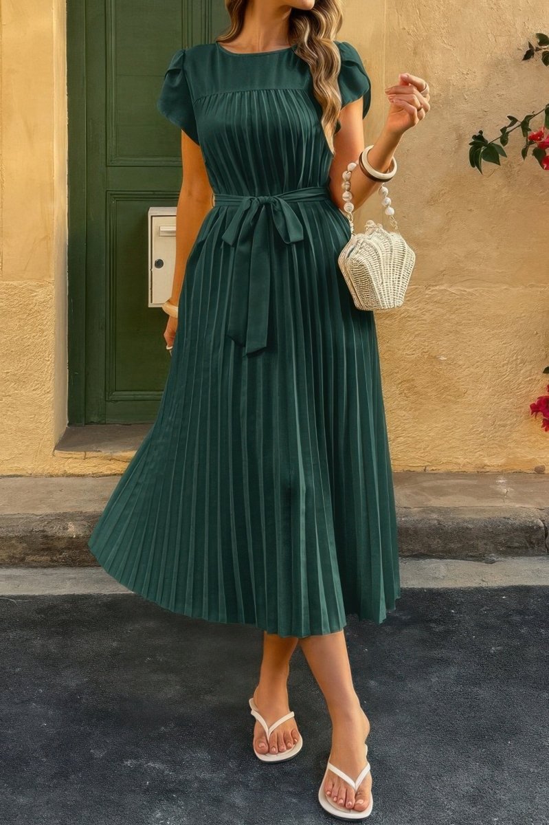 Dress pleated midi polyester puff sleeves white spring occasion - AMVIM