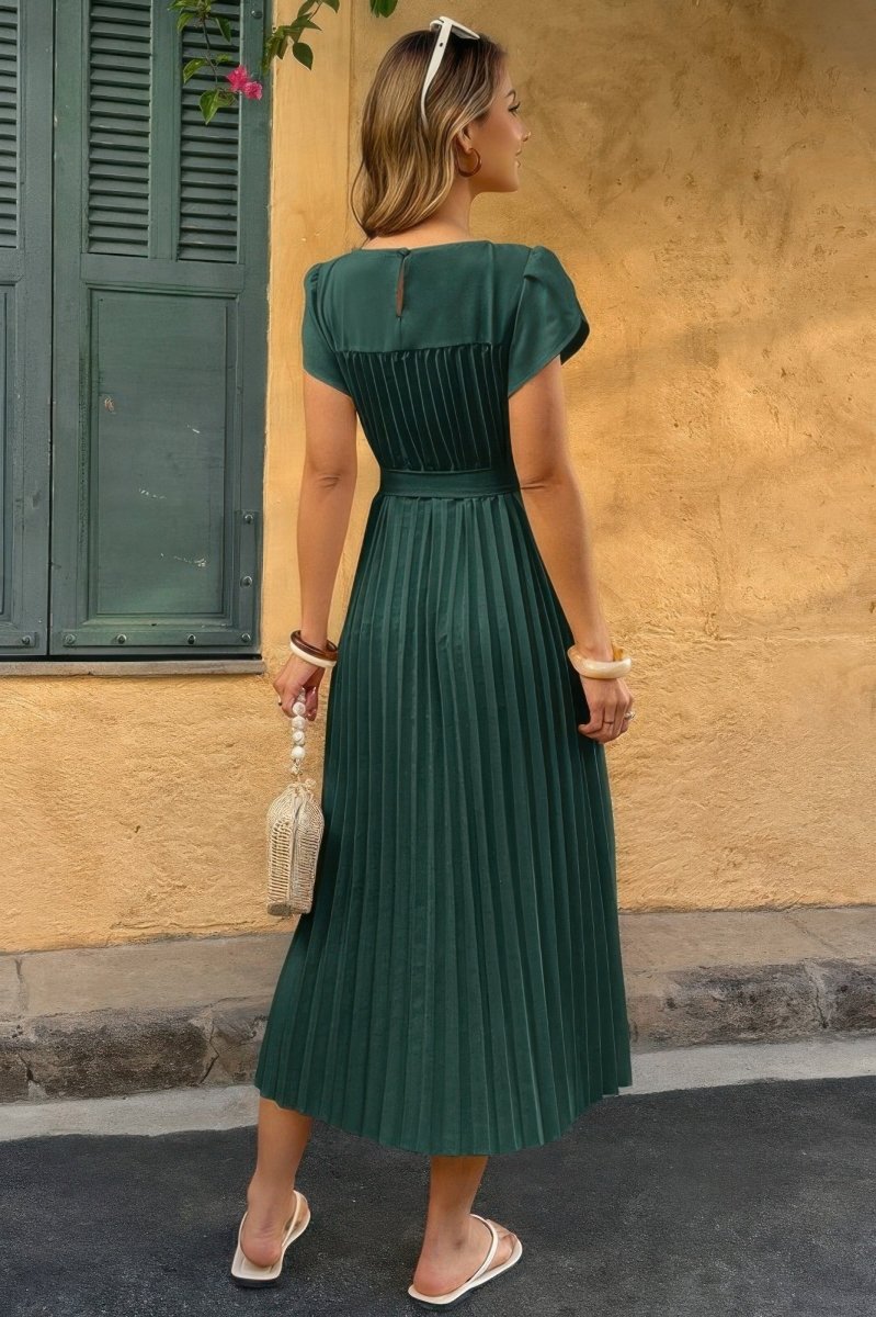 Dress pleated midi polyester puff sleeves white spring occasion - AMVIM