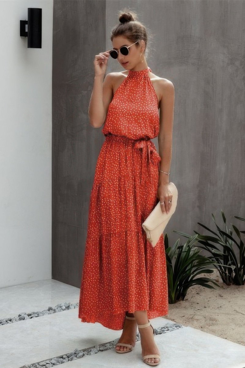 Dress Polka Dot Halter Neck Midi Dress - AMVIM
