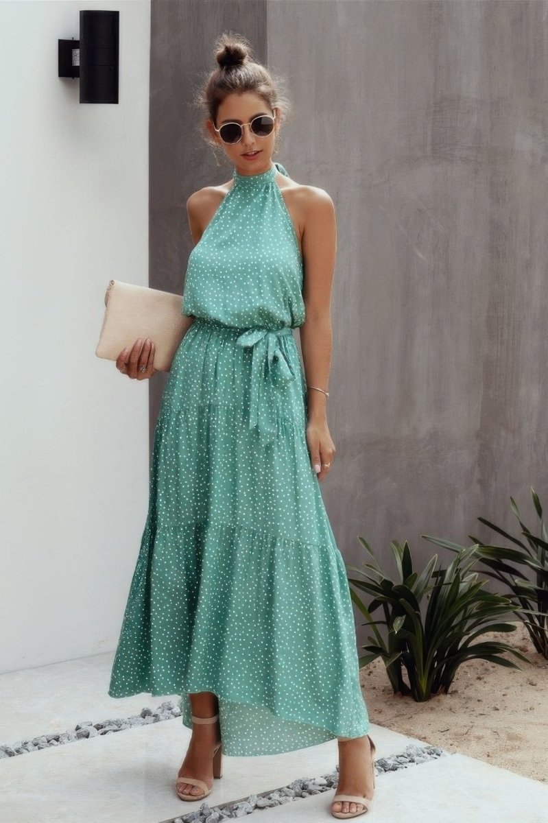 Dress Polka Dot Halter Neck Midi Dress - AMVIM