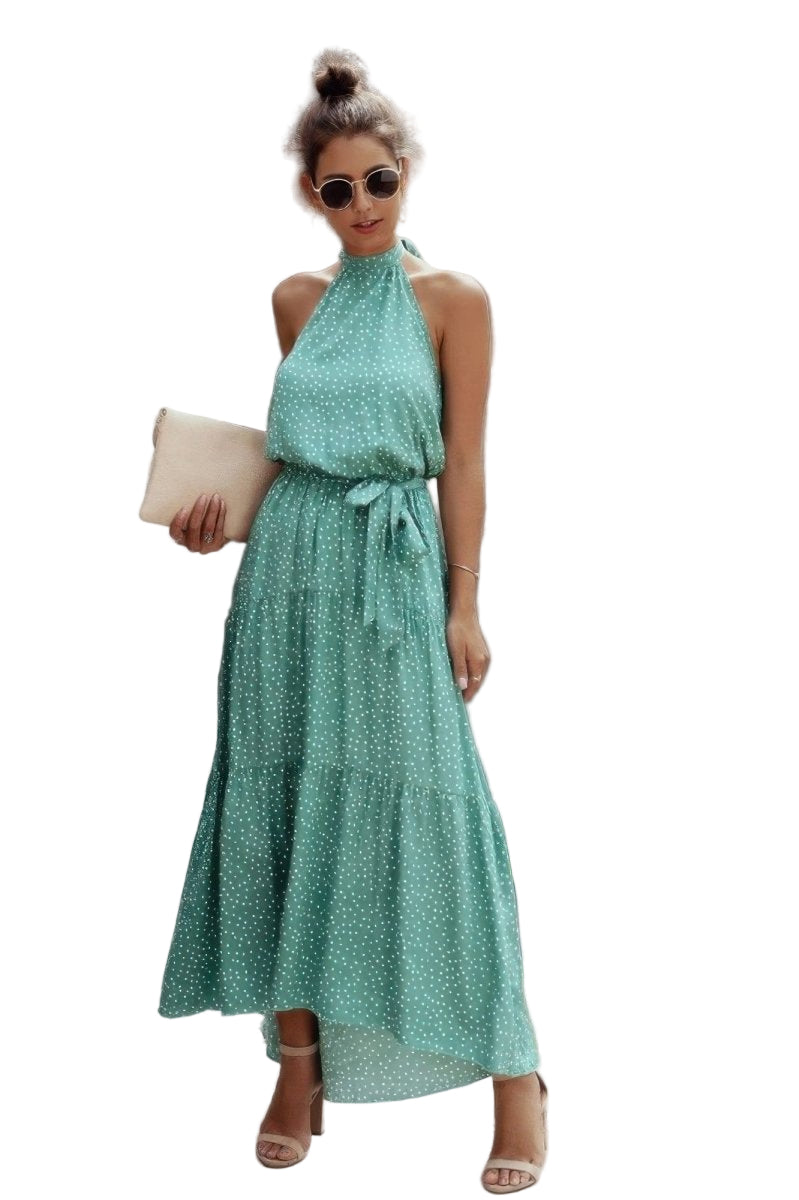 Dress Polka Dot Halter Neck Midi Dress - AMVIM