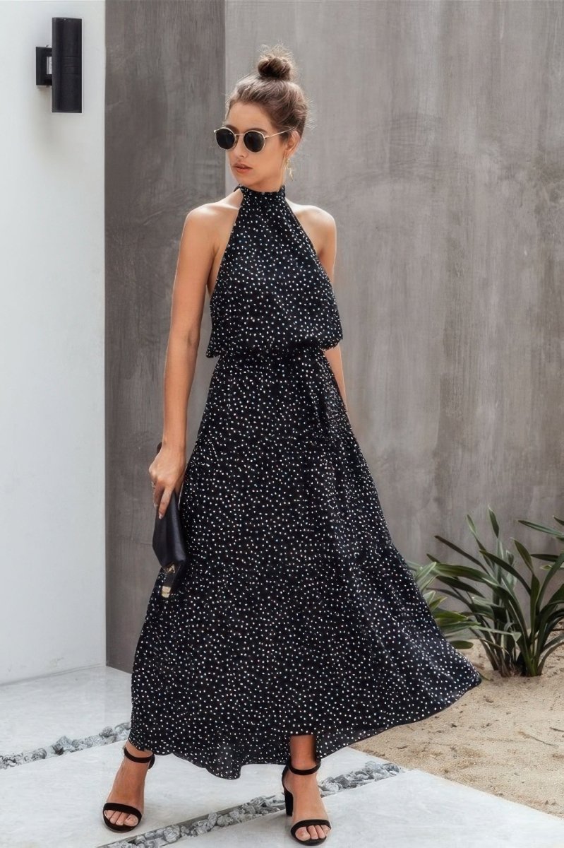 Dress Polka Dot Halter Neck Midi Dress - AMVIM
