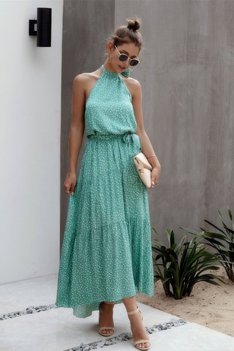 Dress Polka Dot Halter Neck Midi Dress - AMVIM