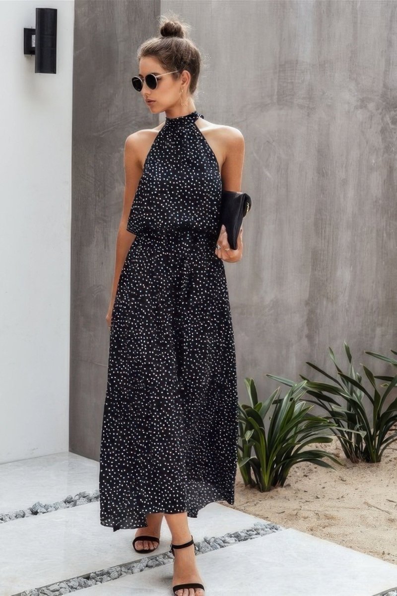 Dress Polka Dot Halter Neck Midi Dress - AMVIM