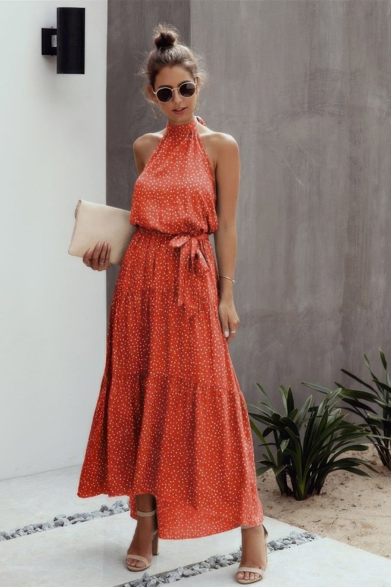 Dress Polka Dot Halter Neck Midi Dress - AMVIM