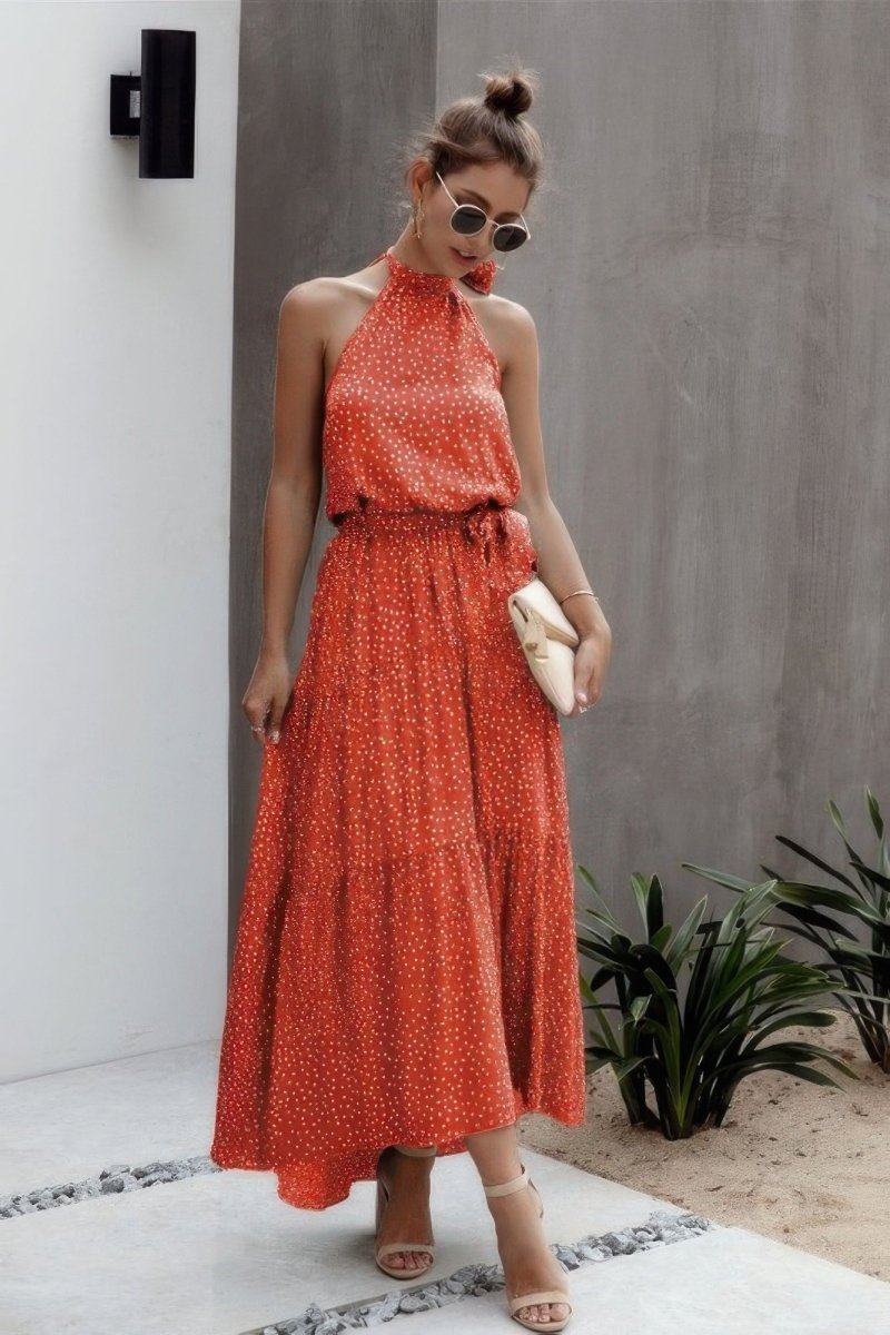 Dress Polka Dot Halter Neck Midi Dress - AMVIM