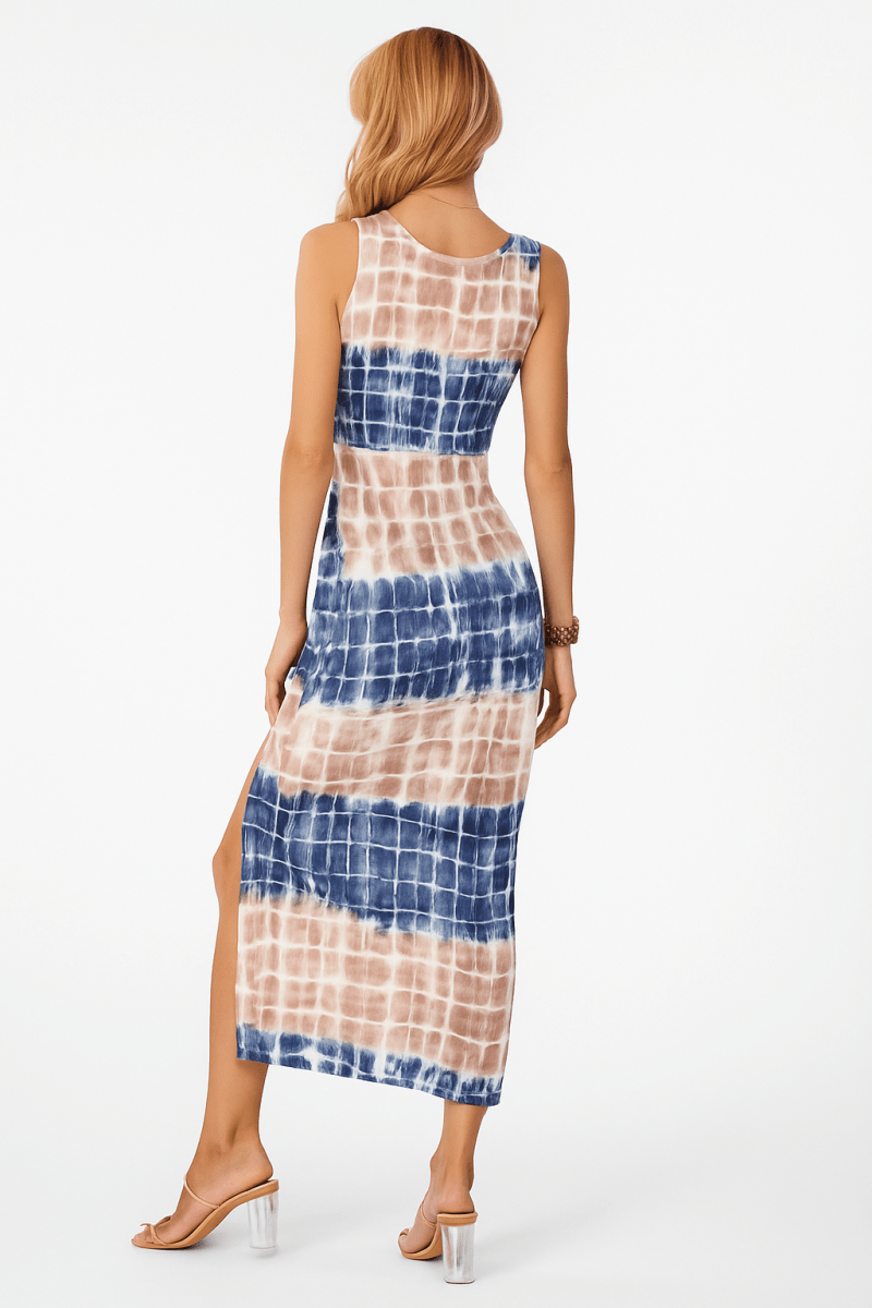 Dress Printed Soft Fabric Ruched Side Split Midi Dress - AMVIM