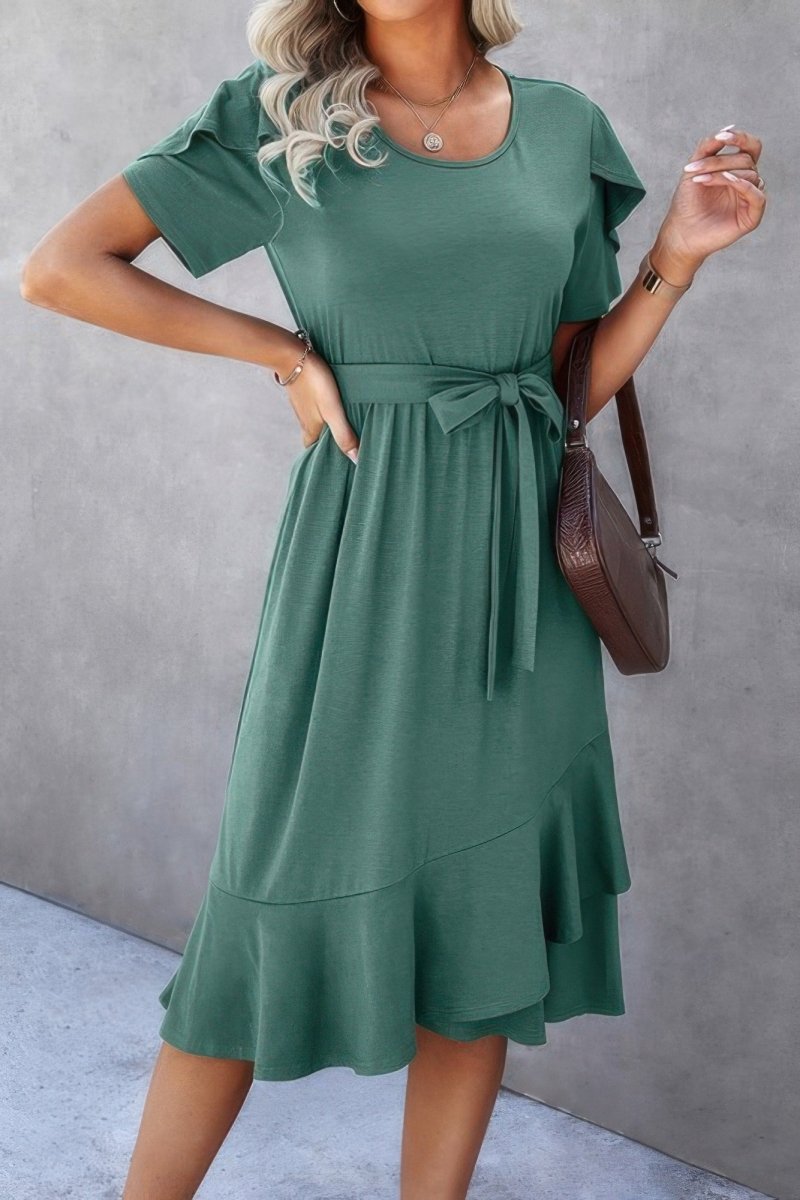 Dress scoop neck short sleeve midi with waist tie detail - AMVIM