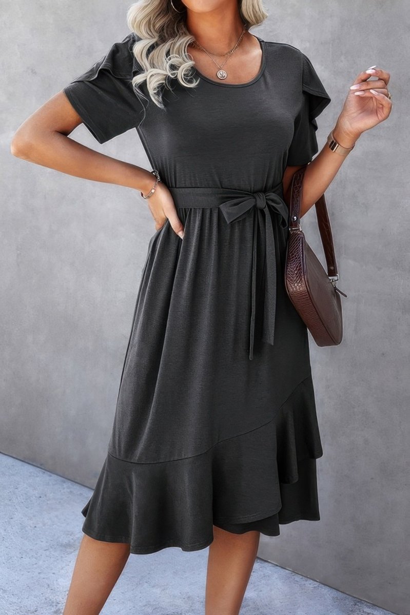 Dress scoop neck short sleeve midi with waist tie detail - AMVIM
