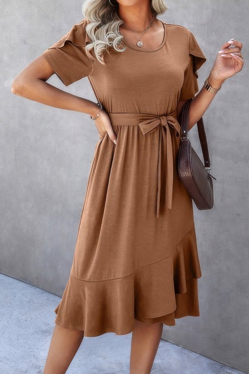 Dress scoop neck short sleeve midi with waist tie detail - AMVIM